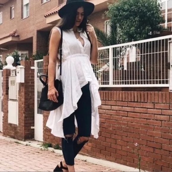 Zara Woman linen blend hi low sleeveless blouse business casual S white tie back - Picture 11 of 12